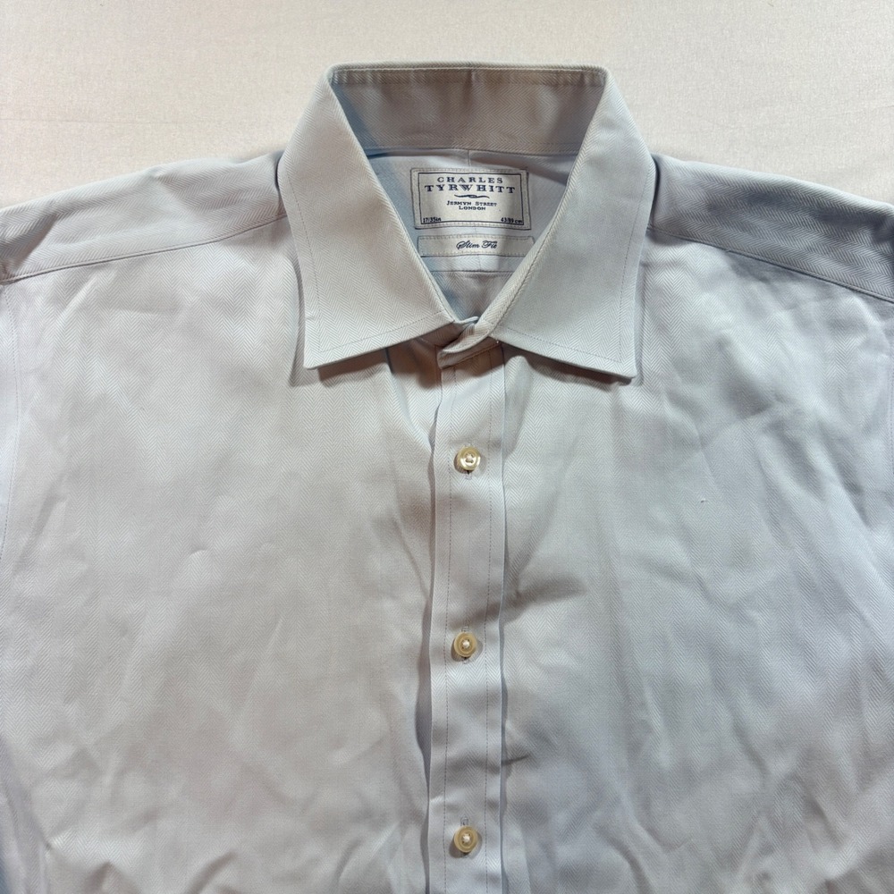 Charles Tyrwhitt Dress Shirt Mens 17/35 Slim Fit Blue Herringbone French Cuff